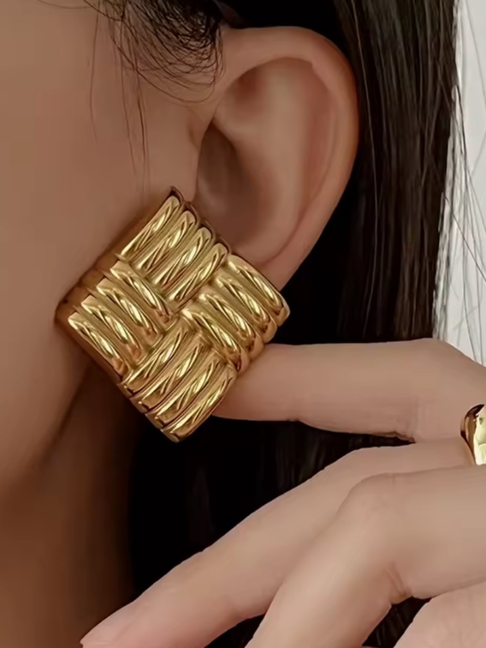 Vintage Square Ribbed Gold and Silver Clip On Earrings